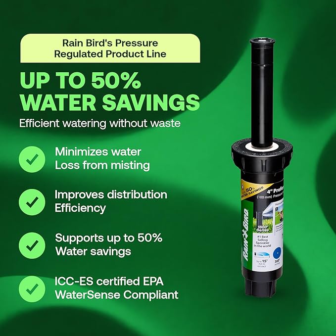 Rain Bird 1804FSPRS Pressure Regulated 1800 Series Dual Spray 4 Inch Pop Up Sprinkler Head, 4 Pack - Water Efficient Lawn Sprinkler with 360 Degree Pattern, 1/2 Inch NPT, Up to 15 Ft Spray Distance