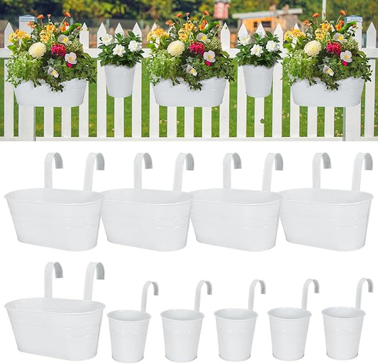 HowRU Metal Iron Flower Pots for Railing Fence Hanging Bucket Pots(5 Pcs) and Hanging Flower Pots Metal Iron Bucket Planter(10 Pcs) (White)