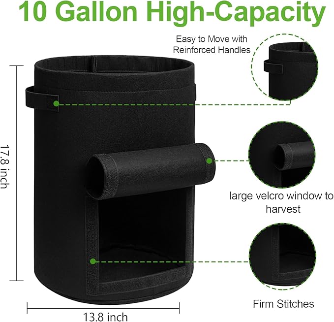 Homyhoo Potato Grow Bags with Flap 10 Gallon, 4 Pack Planter Pot with Handles and Harvest Window for Potato Tomato and Vegetables, Black and Gray