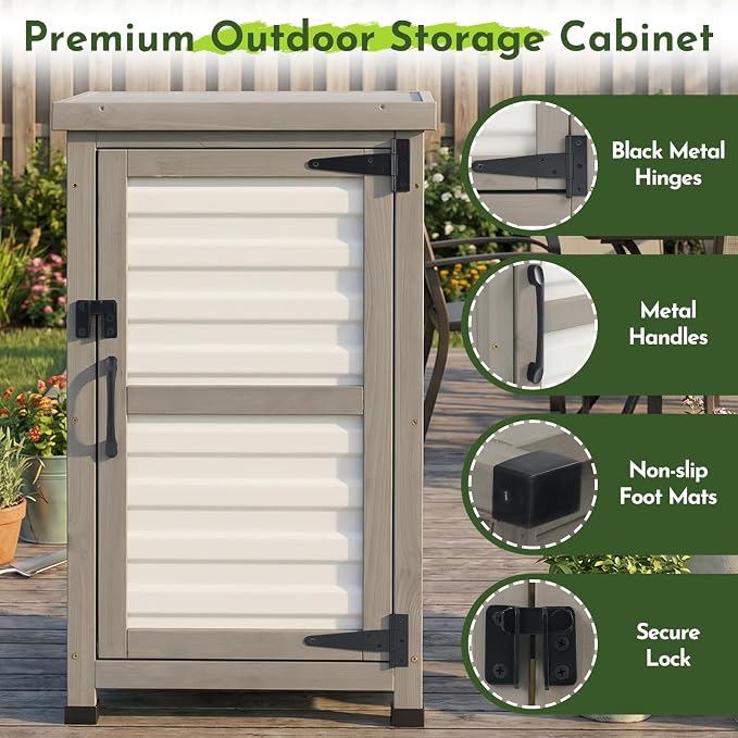 Small Outdoor Storage Cabinet with Waterproof Metal Top, White Wood & Plastic Potting Bench Table with Removable Shelf, Outside Cabinets Work Station for Patio, Balcony,17.9''x17.9''x33.5''