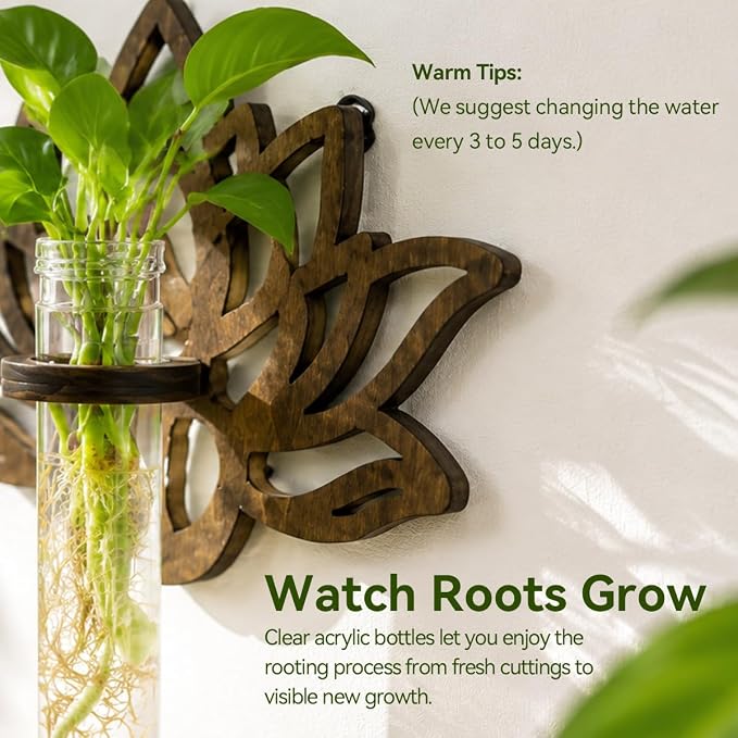 Artilady Plant Propagation Station 2 Pack Wall Hanging Plant Terrarium Holder with Test Tube Wood Window Planter Indoor Decor for Living Room Bedroom Kitchen (Lotus)