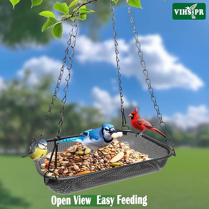 Hanging Bird Feeder for Outdoors – 12 x 8 in Rectangular Platform Bird Feeder, Metal Mesh Seed Tray for Wild Birds, Black