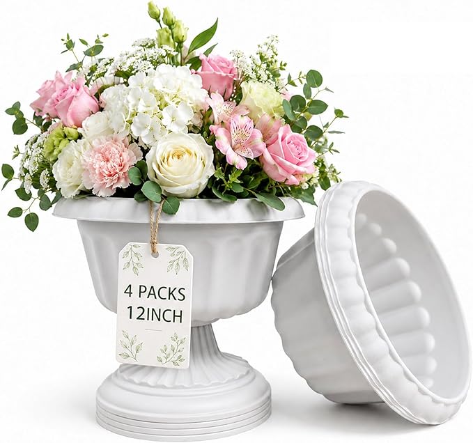 Usocik 12 Inch PP Resin Urn Planters 4 Pack Stone Gray | 4 pack stone gray PP resin urn planters with solid bottom for patio garden wedding event porch and entryway decor