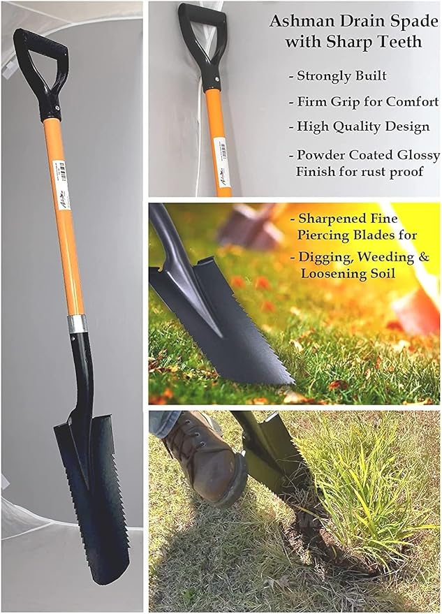 Ashman Drain Spade Teeth Shovel (6 Pack) - 48 Inches Long Handle Spade with D Handle Grip - Durable Handle with a Thick Metal Blade - Multipurpose Premium Quality Orange Shovel.