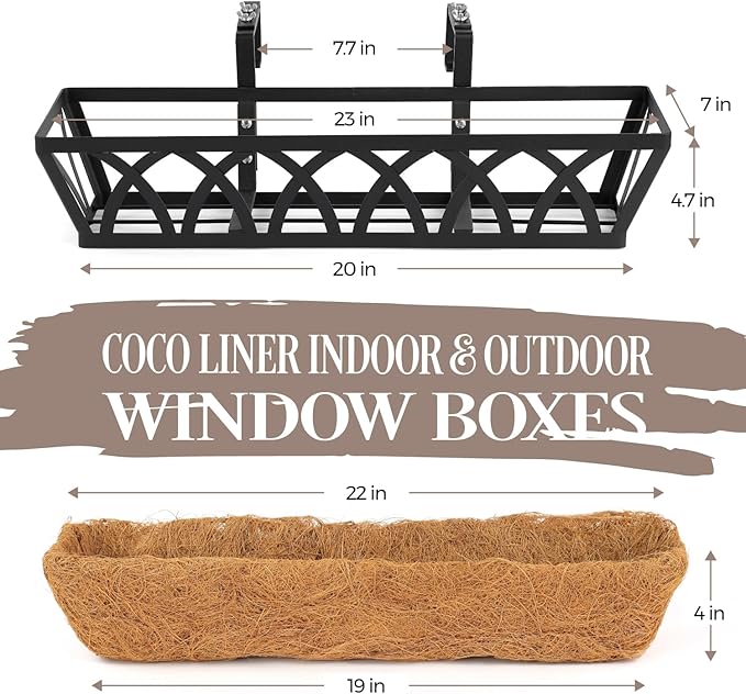 2 Pack 24IN Window Box Railing with Adjustable Brackets, Hanging Flower Planter Basket with Coco Liner for Outdoor Balcony Porch Fence Patio (Black)