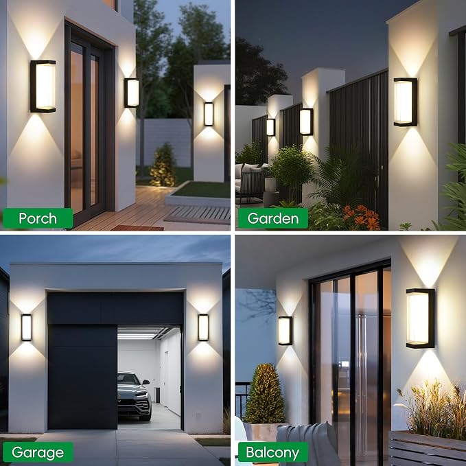 Modern Outdoor Wall Lights 24W LED Exterior Wall Sconces Light Fixtures, Black Aluminum Wall Mount, 3000LM 3000K Porch Lights with Double Lampshades, IP65 Waterproof for Garage Patio Entryway