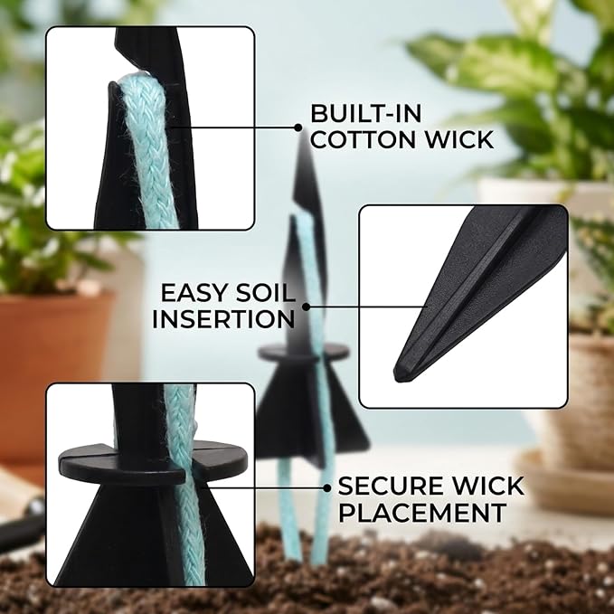 12Pcs Self Watering Spikes, Plant Watering Spikes, Self Watering Planter Inserts with Absorbent Cotton Ropes for Vacation Home Plant Care, Busy Professionals, Urban Gardeners