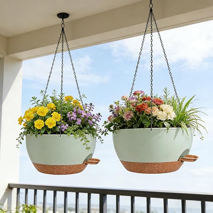 2 Pack 12" Self Watering Hanging Planters, Green Brown with Chains | Plastic hanging baskets with 43 Oz removable reservoir, for indoor outdoor plants, patio porch garden balcony decor