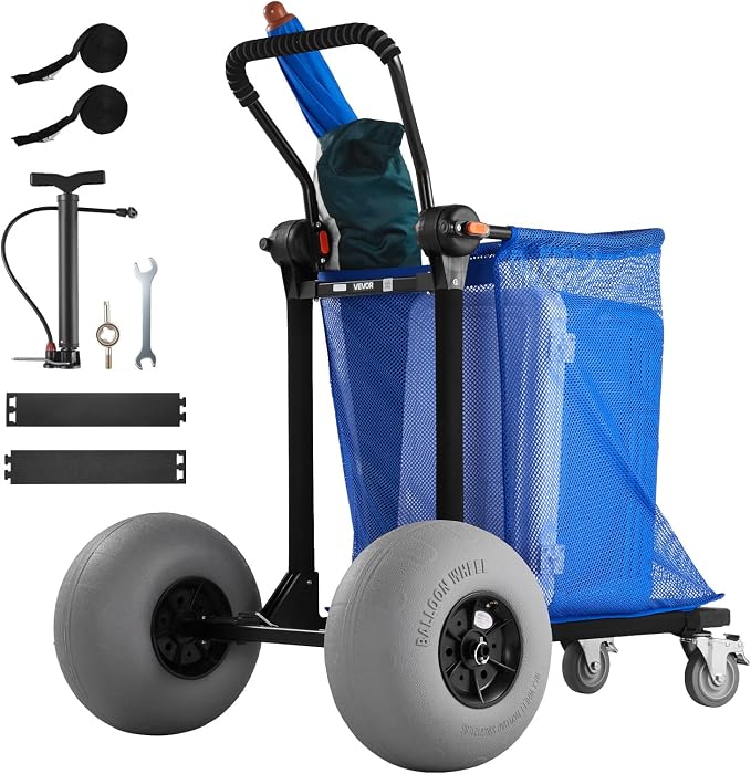VEVOR Beach Cart with Large Wheels for Sand, 165 lbs Load Capacity, Heavy Duty Folding Beach Wagon with 12" Balloon Wheels, Storage Bag, 180° Adjustable Handlebar, Dolly for Camping Fishing Garden
