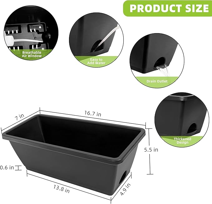 LOCONHA Window Box Planter, Plastic Vegetable Flower Planters Boxes 17 Inches Rectangular Flower Pots with Saucers for Indoor Outdoor Garden, Patio, Home Decor (12, Dark Grey)