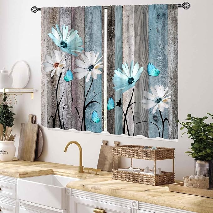Farmhouse Daisy Curtains, Rustic Wooden Flower Retro Teal White Floral Spring Butterfly Rural Country Style Small Short Window Curtains for Living Room Bedroom Kitchen Bathroom 2 Panels, 55x39 Inch