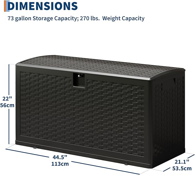 IDEALHOUSE 73 Gallon Resin Deck Box, Waterproof Outdoor Storage Box with Lockable Lid & UV Resistant, Patio Furniture Cushion Storage Container for Garden, Backyard, Poolside (Black)