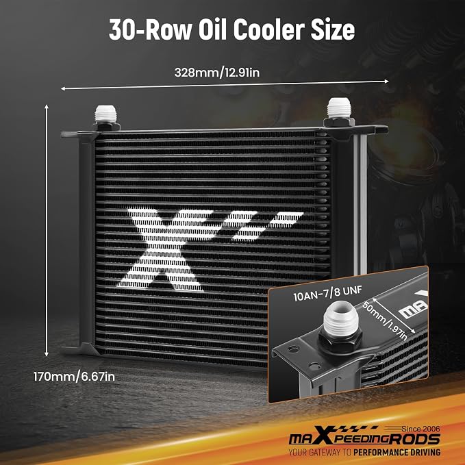 maXpeedingrods 30 Row Oil Cooler Kit, 10AN Transmission Engine Cooler British Radiator Universal Aluminium Black, Banjo Fittings Oil Filter Sandwich Adapter, Air Guide Kit and Oil Cooler Hoses