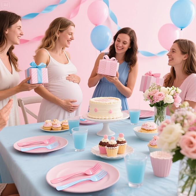 50 Pcs Pink and Blue Plastic Forks Heavy Duty Plastic Cutlery Sets 25 Pink Forks and 25 Blue Forks for Birthday Baby Shower Gender Reveal