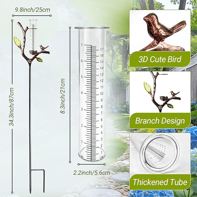 Deepfeel Branch Design Rain Gauge Outdoor – Decorative Rain Gauge for Garden Yard Patio, Easy-to-Read 7" Scale, Freeze Proof Plastic Tube with Metal Stake, Rain Gauges Outdoors Best Rated
