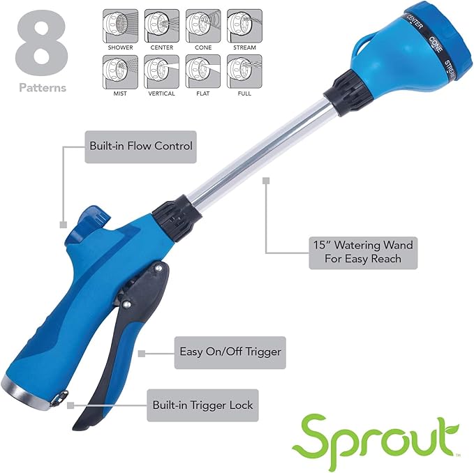 Sprout 65105-AMZ Melnor 8-Pattern 15" Watering Wand and QuickConnect Product Adapter Amazon Bundle, Blueberry Blue