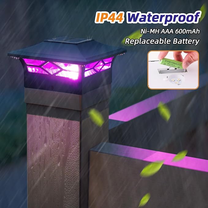 APONUO Solar Post Cap Lights with 8 RGB Colors and Multicolor Flow, Ultra-Bright Clear Lens, IP65 Waterproof for 4x4 5x5 6x6 Wood & Vinyl Fence Posts, 12 Pack Black