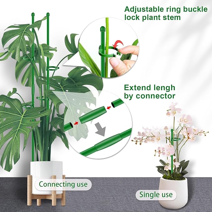 Plant Stakes 17 inch SupKing Support Stick Orchid Stakes with Clips 10Pcs Garden Plant Poles Extended to 3/4/5ft for Indoor Outdoor Potted Tomato Rose Amaryllis Vegetables Monstera -Green
