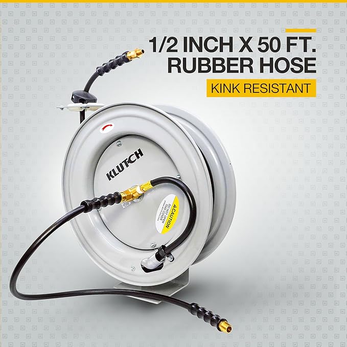 Klutch Auto-Rewind Air Hose Reel with 1/2-Inch x 50-Foot Rubber Hose - 300 PSI Max, Gray Wall-Mount Reel for Pneumatic Air Tools