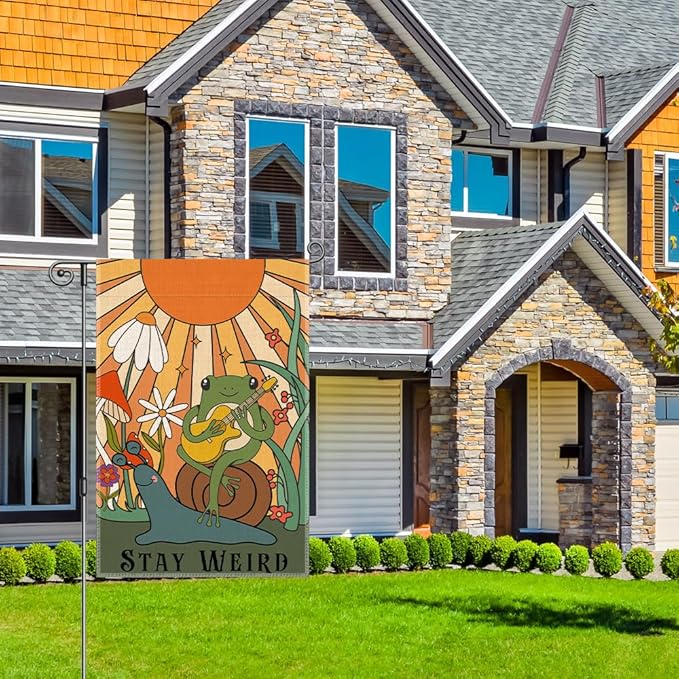 Perfectinsoy Stay Weird Retro Garden Flag, Snail and Frog Outdoor Banner, Funny Welcome Yard Holiday Farmhouse Patio Porch Lawn Outdoor Decor, Cute Frog Playing Guitar Flags, Housewarming Flag Gifts