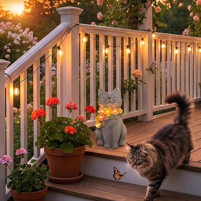 Solar Cat Garden Statue for Outdoor Decor, Cat Solar Light with Flowers, Resin Cats Figurine for Garden, Yard, Lawn Decor, Cats Lover Gifts for Women