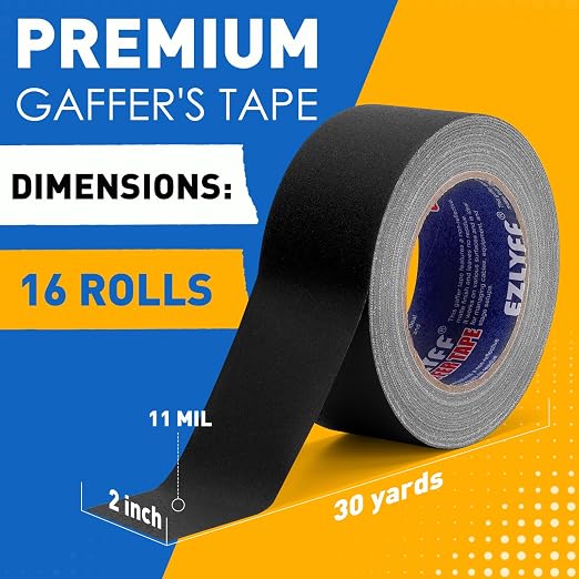 Gaffers Tape 2 Inch x 30 Yards, 16 Pack 11 Mil Black Gaffing Tapes, Easy Tear, No Residue, Matte Finish, Non-Reflective, Fabric Floor Tape for Stages, Studios, Photography.