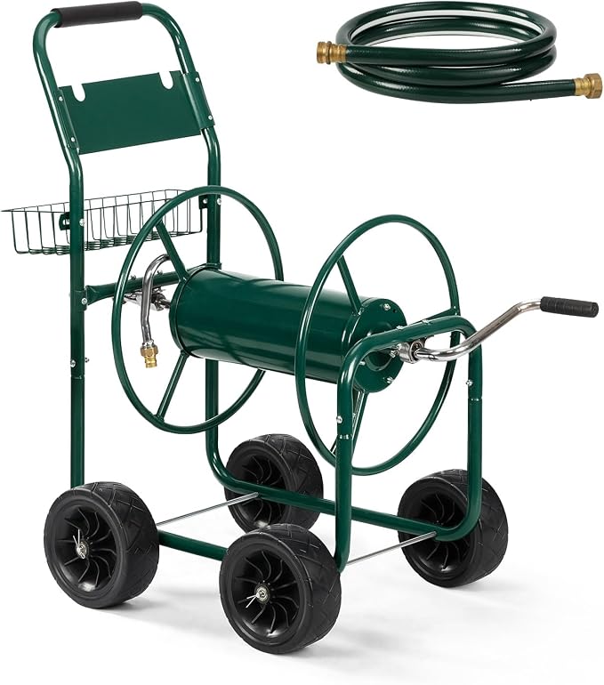 Outvita Garden Hose Reel Cart, Heavy Duty Water Hose Cart for Outside, Lawn Watering, for Garden, Yard, Lawn, Farm, Hold Up to 300 ft of 5/8’’ Hose, 4 Wheels, Storage Basket (Green)