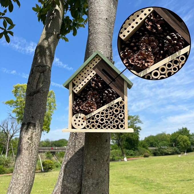Wooden Insect Hotel for Garden, Natural Wood, Bee House and Ladybug House, Pollinator Bug Hotel to Attract Beneficial Insects