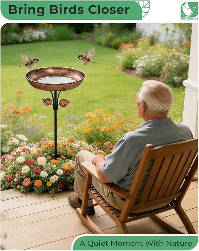 Metal Bird Bath for Outdoors, 12" Dia Bowl with Stable Upgrades Stake Birdbaths Garden Yard Lawn Decor 0.7 Gallon