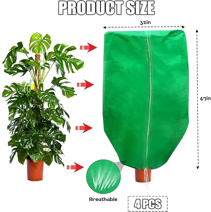 ERTIUANIO Plant Covers Freeze Protection 4 Packs 47" x32" Winter Rounded Top Frost Cloth Plant Covers Freeze Protection for Outdoor Plants with Zipper and Drawstring