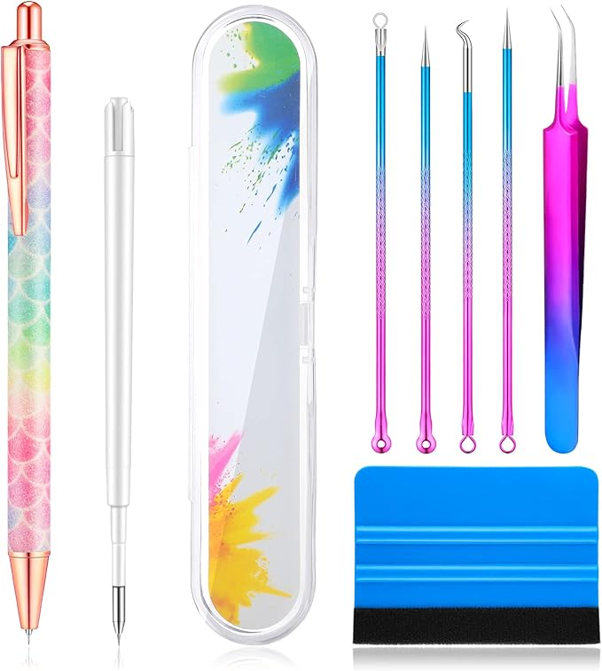 Chumia 8 Pieces Pin Pen Weeding Tool Vinyl Weeding Tool with Rainbow Retractable Air Release Pen and Refill Vinyl Squeegee Tweezers Weeders for Lettering Cutting Splicing Accessories