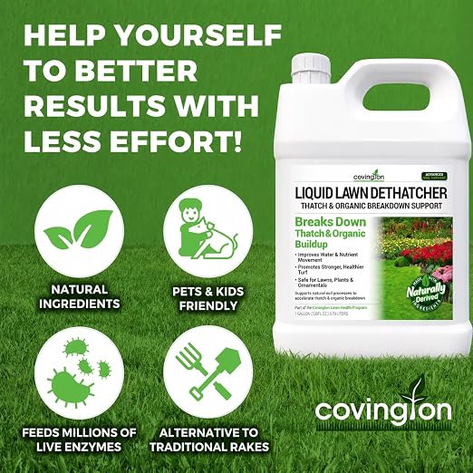 Covington Liquid Lawn Dethatcher (1 Gal) – Liquid Aerator Concentrate & Humic Thatch Remover, Soil Softener & Grass Thatch Buster for Lawns & Gardens – Kids & Pet Safe, Made in USA