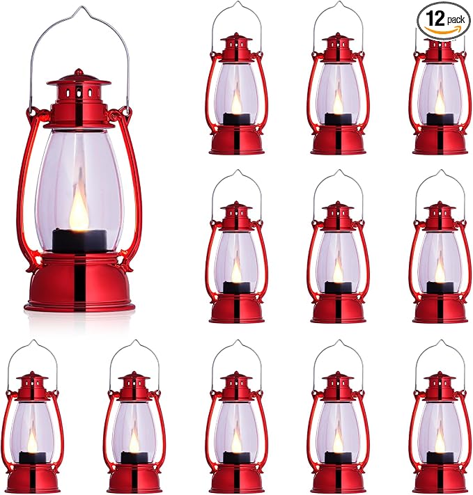LLQ 12 Pack Vintage Decorative Lanterns, Red Mini Candle Lantern Decorative LED Candle Holders with Flameless Candles for Wedding Table Centerpieces, Christmas Party Outdoor Decorations