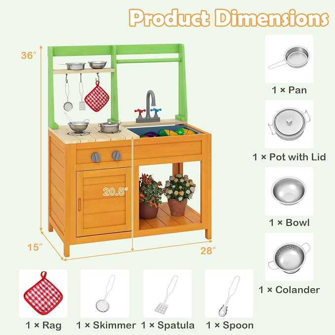 HONEY JOY Mud Kitchen, Fir Wood Outdoor Play Kitchen for Toddlers, Stove, Faucet, Sink, Cookware Accessories, Storage Cabinet, Mud Table Playset for Kids Backyard, Gift for Boys Girls, Natural