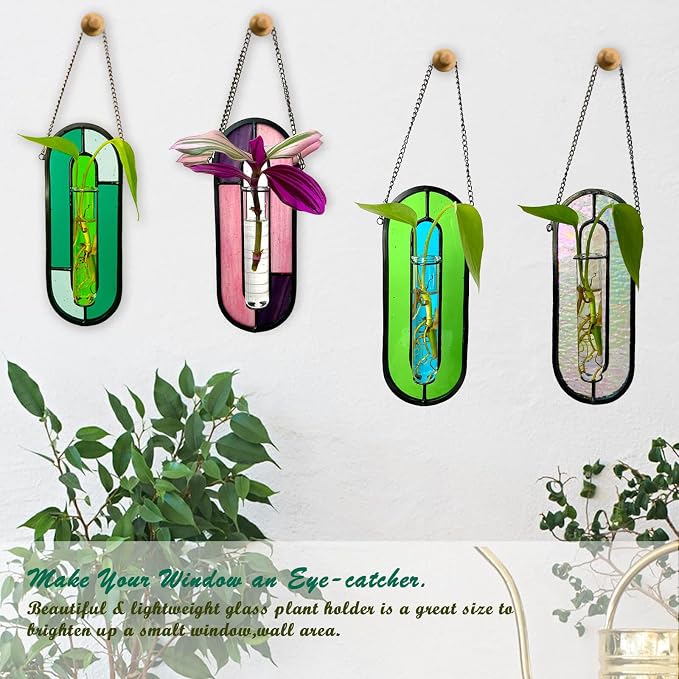 LITMIND Plant Propagation Station, Hanging Hydroponic Planter Terrarium with Vibrant Stained Glass Suncatcher Elements - Perfect for Home & Garden Decor, Includes 2 Glass Propagation Tubes