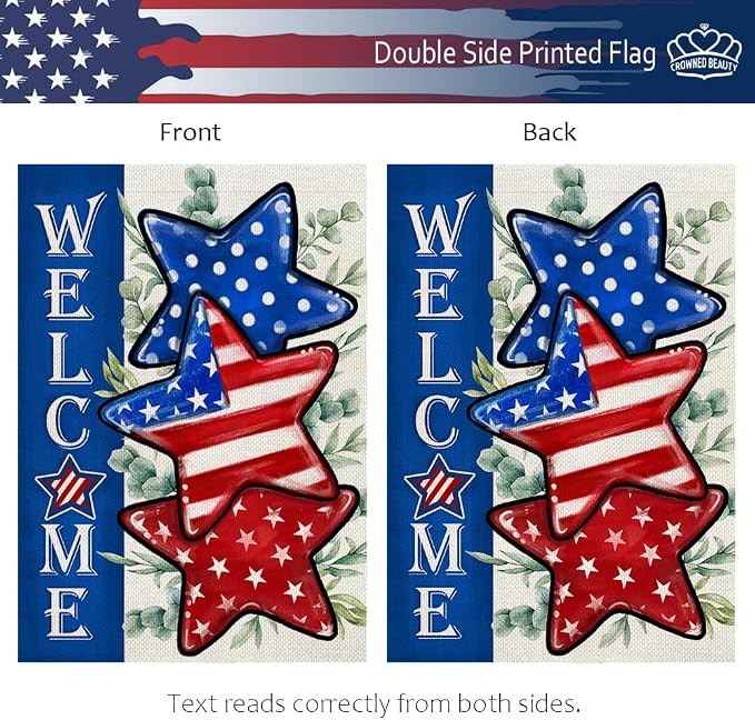 CROWNED BEAUTY 4th of July Patriotic Stars Garden Flag 12x18 Inch Double Sided for Outside Small Burlap Independence Day Welcome Yard Decorations