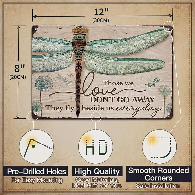 YOYI ART Metal Dandelion Dragonfly Wall Decor Sign - Those We Love Don't Go Away, Vintage Tin Signs for Home, Bedroom, Kithcen, Garden, Patio and Yard Wall Art Accessories, Gift for Women, 12 x 8 inch