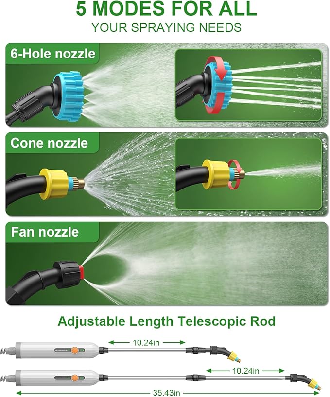 Battery Powered Garden Sprayer 2 Gallon, Electric Pump Sprayer with 3 Mist Nozzles, Rechargeable Handle, Telescopic Wand, Adjustable Strap, Water Spray Weed Sprayer for Lawn, Garden, Yard, Plants