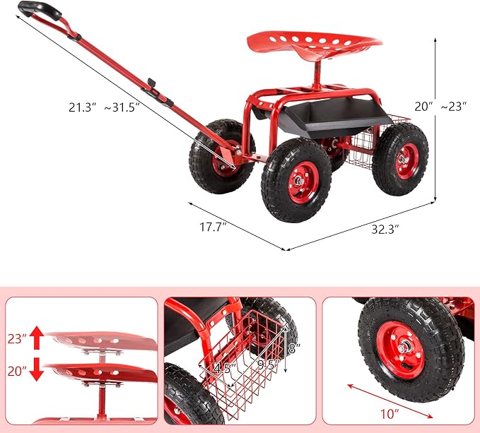 KINTNESS Garden Cart Seat Rolling Scooter Wagon with Extendable Steering Handle Swivel Seat & Utility Basket Red