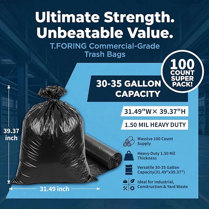 30-35 Gallon Trash Bags Heavy Duty 1.5 Mil,31'' x 39'',100 Count | Large 30+ Gal Black Garbage Bag Unscented,Strong Plastic Can Liners,Fit 112 - 131 Liter Bins,for Kitchen Commercial Lawn Leaf