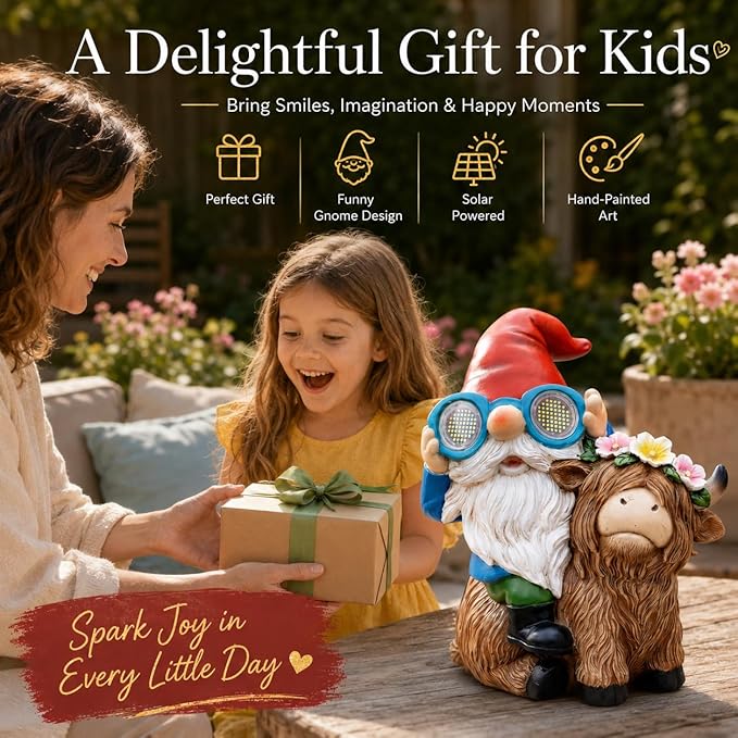 C&Y&G&X Solar Garden Gnome Statue with Highland Cow, Outdoor Solar Garden Decor with LED Lights, Waterproof Resin Yard Art Lawn Ornament for Patio Yard Porch, Gifts for Women Garden Lovers