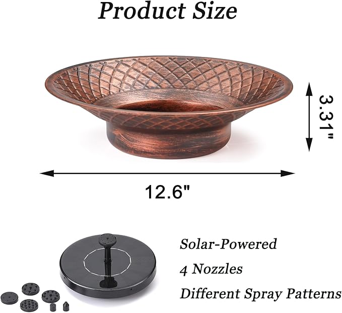 Bird Bath for Outside, 12.6" Solar Powered Bird Bath with Fountain, Metal Bird Bath Bowl, Outdoor Patio Lawn Decor (Bronze)