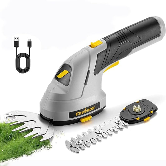 Enventor Cordless Hedge Trimmer and Grass Shear, 7.4V 2000mAh Rechargeable Battery, 2-in-1 Handheld Electric Grass Trimmer, Small Hedge Cutter with 2 Interchangeable Blades