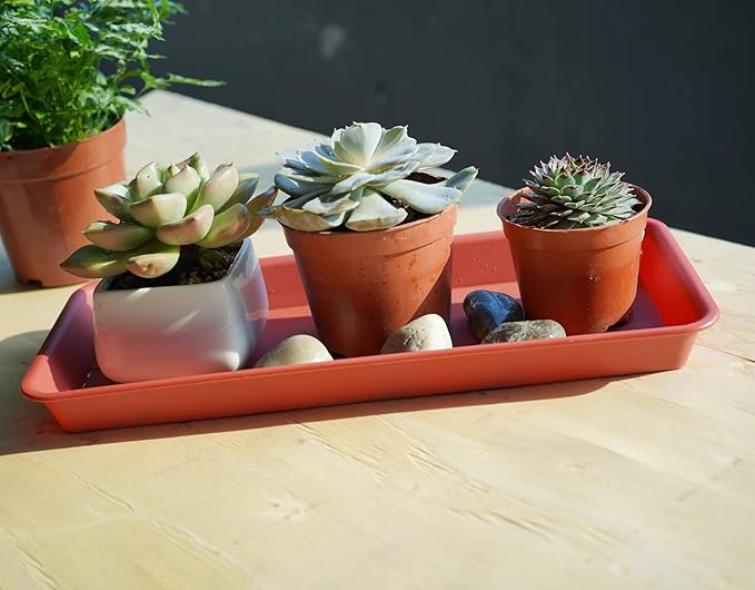 VUWEZ 2 Pack Plastic Plant Trays - Rectangular 17 18 inch, Indoor/Outdoor Plant Water Drip Trays for Flower Planters, Windowsill (7.8 x 17.5'', Terracotta)