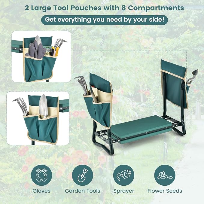 IRONMAX Garden Kneeler and Seat, Heavy Duty Foldable Gardening Bench Stool w/Soft Foam Pad & 2 Tool Storage Bags for Kneeling & Sitting, Gardening Gifts for Women Men