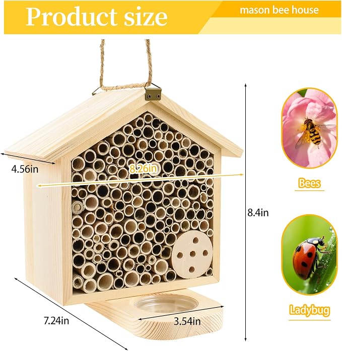 Mason Bee House with Feeding Trays - Natural Pine Wood Hanging Bee Hive,Insect Hotel for Garden Backyard, Outdoor Garden Decoration Attracts Bees, Butterflies, Ladybugs Pollinators