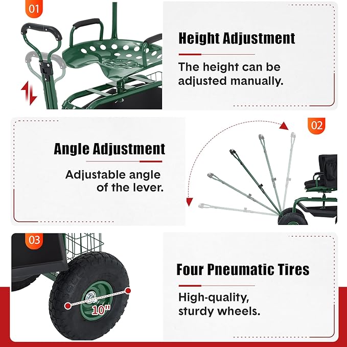 Rolling Garden Work Seat with Wheels, 300lbs Heavy Duty Garden Cart, 360° Swivel Adjustable Height Rolling Stool, Extendable Handle, Storage Basket & Tray for Gardening, Lawn Care, Adults & Seniors