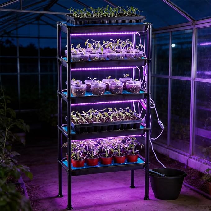 RooTrimmer 5-Tier Hydroponics Growing System, Plant Stand with Grow Lights, Ebb and Flow Seedbeds, Siphoning Watering, Designed for Nursery Cell Trays, Plant Pots