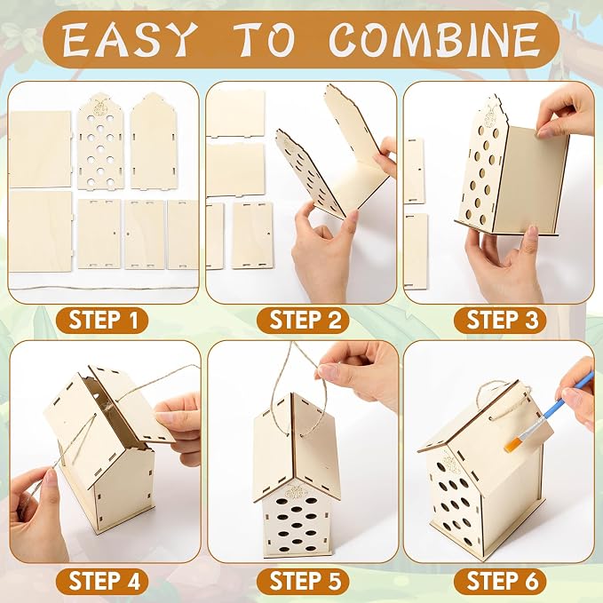 DoubleFill 12 Pack Wood Ladybirds House Painting Crafts Kits My First Ladybugs House DIY Art Craft Kit with Hemp Rope DIY Cedar Wooden Birdhouse for Building Bee Butterfly Habitat, No Paint