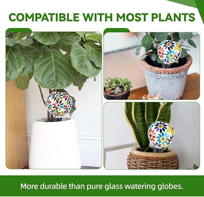 VOREEN Mosaic Glass Plant Watering Globes 2 Pack 500ml with Terracotta Spikes, Handmade Self-Watering Stakes for Indoor/Outdoor, Gift for Garden Lover,Multi Colored Flowers